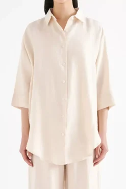 Nude Lucy Shirts>Lounge Linen Longline Shirt - Pannacotta