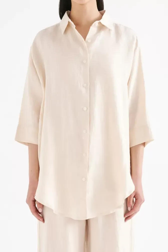 Nude Lucy Shirts>Lounge Linen Longline Shirt - Pannacotta