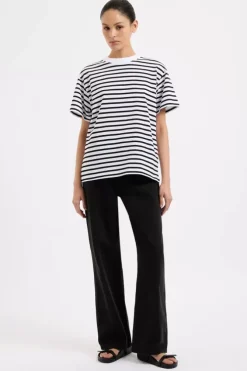 Nude Lucy Tops>Organic Stripe Boyfriend Tee - Black Stripe